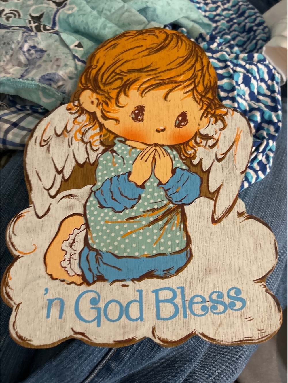 Vintage Wooden Praying Angel Wall Hanging 'n God Bless'